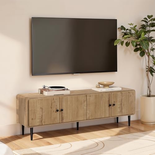 LuxenHome 65" TV Stands for Living Room for TVs up to 70'' TVs, Wooden TV Console Cabinet with Storage and Black Metal Legs, Natural Oak Entertainment Center Media Stand