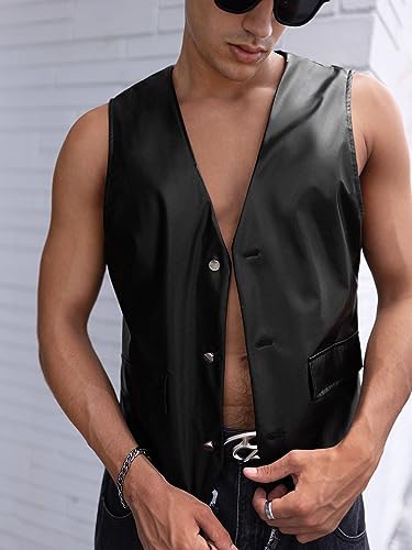 Verdusa Colete masculino sem mangas de couro sintético com botão frontal e gola V, Preto, M