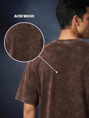 Image of Veirdo Heavy GSM Pure Cotton Acid Wash Print Round Neck Half Sleeve Oversized Fit Drop Shoulder T-Shirt for Men (Colors: Black, Navy, Green & Brown)