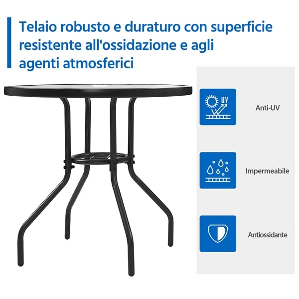 Yaheetech Tavolo da Giardino Rotondo in Vetro Diametro 70 cm con Foro Ombrellone Altezza 73 cm Nero