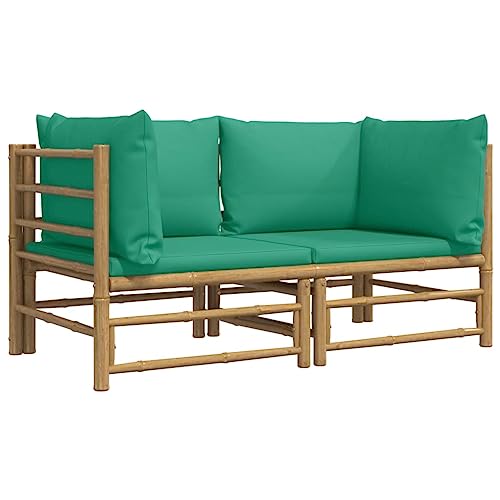 Balcon Lounge Salon de jardin Patio Furniture Canapé d'angle de jardin avec coussins verts 2 pièces. Bambou – Image 5