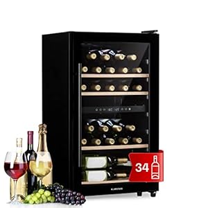 Klarstein Weinkühlschrank, Getränkekühlschrank Schmal, 2 Zonen Kühlschrank mit Glastür, Getränkekühlschränke Freistehend, Weinkühlschrank Klein, Weinkühlschränke mit UV-Schutz, 5-18°C, 34 Flaschen