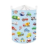 Panier a Linge Sale Voiture - Le motif représente un fond bleu classique, des camions de pompiers rouges, jaunes et bleus, des ambulances, des voitures de police et des tracteurs. Il est joyeux et éveille la curiosité des enfants pour les véhicules