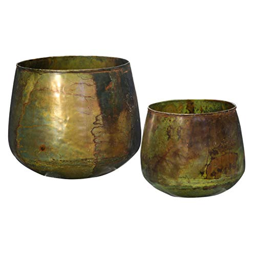 Bloomingville Various Round Metal Planters with Oxidized Finish Green Set of 2