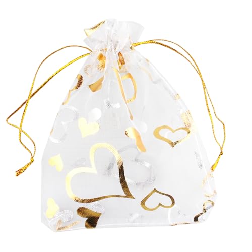 Image of 100 Pack 3.5 x 4.7 Inch Organza Jewelry Gift Pouch B921, White Gold Heart | Candy Pouch, Drawstring, Wedding Favor Bags