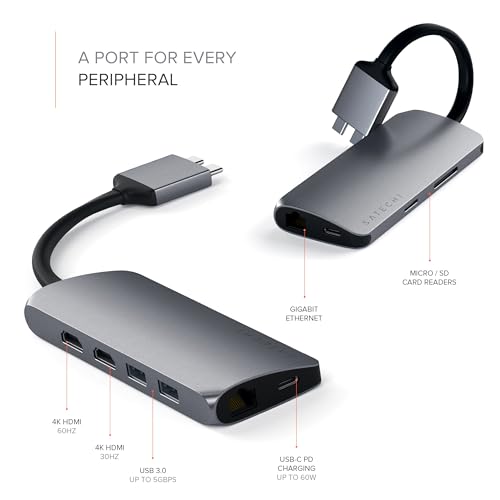 SATECHI Adattatore multimediale doppio USB-C Hub, docking station con 2 HDMI 4K, PD da 60 W, 2 dati USB-A, Ethernet, lettori di schede Micro/SD, per MacBook Pro/Air M1 M2 M3 M4 - Grigio siderale - Hub USB - Immagine 1