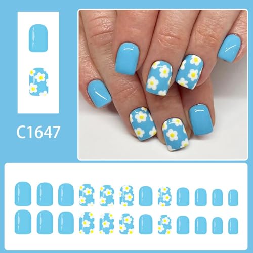 Image of 24Pcs Blue Press on Nails Flower Fake Nails Short Square False Nail Spring Floral with Design Glossy Full Cover Stick on Nail for Women Manicure