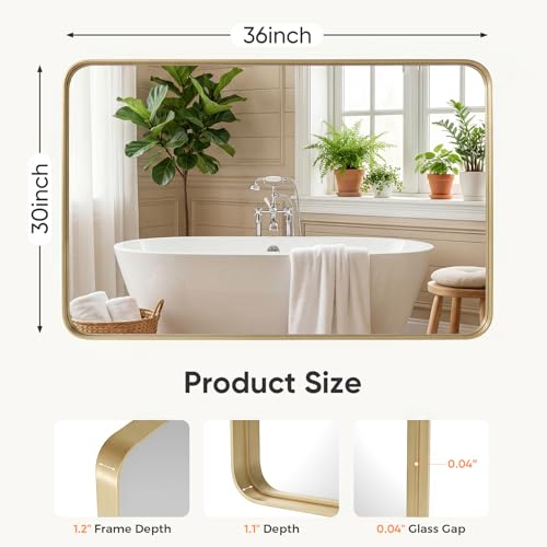 Image of Sweetcrispy Bathroom Wall Mirror, 36x30 Inch Wall Mount Mirror for Over Sink, Modern Rounded Rectangle Vanity Mirrors with Matte Metal Framed, for Home Decor, Living Room, Bedroom, Gold