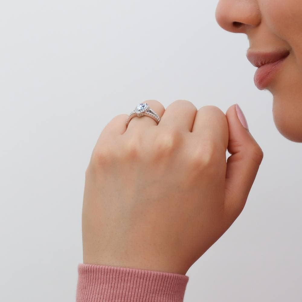 BERRICLE Sterling Silver Halo Blue Pear Cut Cubic Zirconia CZ Fashion Split Shank Ring for Women, Rhodium Plated