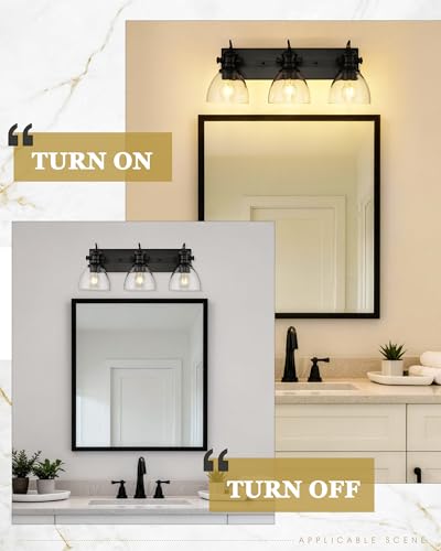Image of 3-Light Black Bathroom Vanity Light Over Mirror, Clear Glass Shade | 23 inch Retro Vintage Vanity Lighting Fixture, E26 Base, Long Base Metal Frame, Ideal above Bathroom Mirrors, 22151-3W-BK