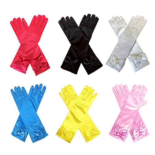 6 Pairs Kids Stretch Satin Long Finger Pearl Bow Dress Gloves Girls Children Gloves