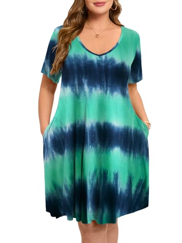 ZENNILO Women's Plus Size Swing Dress with Pockets Casual Summer Dresses V Neck Short Sleeve T Shirt Dress for Women