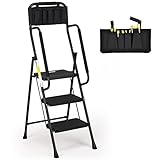 HBTower 3 Step Ladder with Handrails, Folding Step Stool with Attachable Tool Bag & Anti-Slip Wide Pedal for Home Kitchen Pantry Office, 500lbs Capacity Black