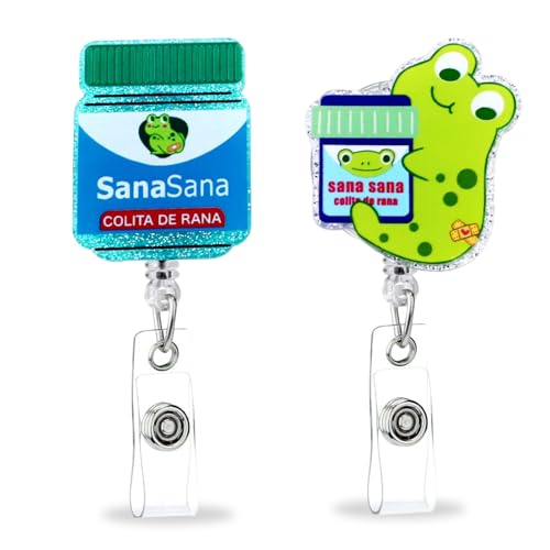 2 Pcs Sana Sana Colita De Rana Funny Badge Reel,Funny Design Frog Badge Reel,Cute Nurse Badges Reels with 360° Rotating Clip & Retractable Cord,for Medical Worker Nurse & Teacher ID Work Badges Clip