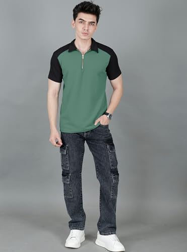 Image of London Hills Men's Loose Fit Half Sleeve Color Block Polo T-Shirt with Zip Collar | Premium Polyester Fabric | T Shirt for Man | Tshirt | Shirts Men | Tshirt for Man | Men T-Shirts