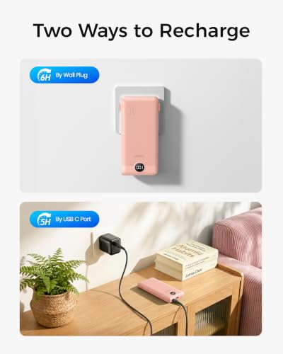 Image of VEGER Portable Charger with Built-in AC Plug and Cables, All in One 10000mAh Ultra Slim Power Bank Travel Essentials, USB C External Battery Pack Compatible with iPhone, Samsung, More, Dark Pink