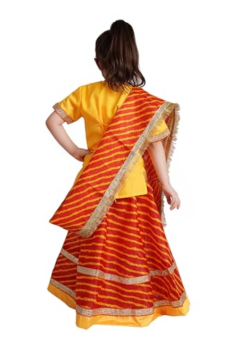 Image of Kaku Fancy Dresses Traditional Radha Costume for Girls - Red & Yellow Lehenga Choli with Dupatta | Indian Mythological Fancy Dress for Janmashtami - 14-17 Years
