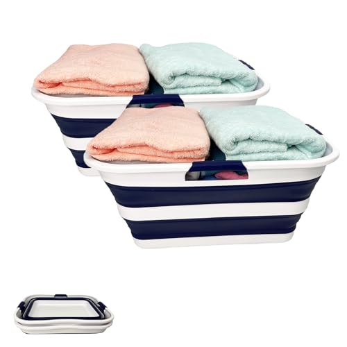 Image of SAMMART 42 (11 Gallons) Collapsible Plastic Laundry Basket, Foldable Pop Up Storage Container /Organizer, Space Saving Hamper, Portable Bin for Dorm Room Bathroom (2, White /Starry Blue)