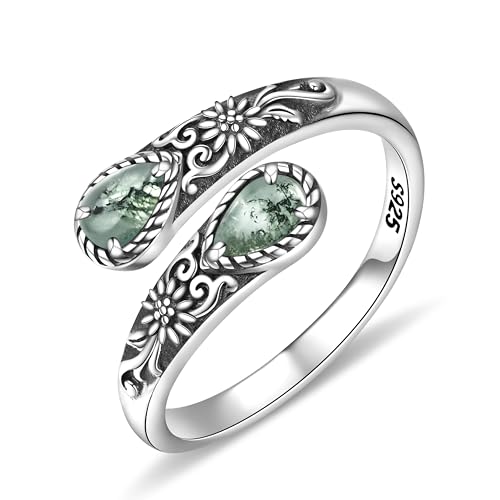 Teioa Sterling Silver Natural Moss Agate Ring for Women Green Moss Agate Adjustable Thumb Ring Jewelry Gifts for Women