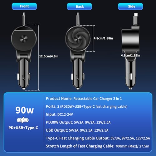 Cargador de coche 90W retráctil USB C ideal para viajes largos con smartphone y Pixel 7