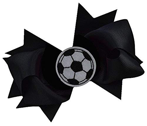 SOCCER BALL BOW Girls 4.5 Inch Grosgrain Soccer Hair Bow with Embroidered Soccer Ball By Funny Girl Designs (Black)