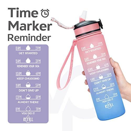 Image of Venture Pal Water Bottle With Straw, 32 Oz Water Bottles With Times To Drink,Motivational Water Bottle With Time Marker To Inspire You Drink More Water (Plastic, Pack Of 1, Pink Blue), 32 fluid ounce