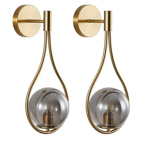 Image of KCO Lighting Teardrop Wall Lights Brushed Gold Wall Sconces Bedroom Brass Glass Globe Wall Sconces Set of Two Vintage Bathroom Vanity Light Fixtures