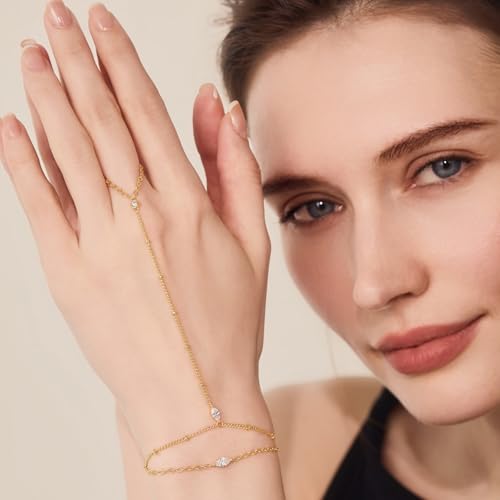Cicy Bell Hand Chain Bracelet for Women 18k Gold Plated Layered Stackable Dainty Cubic Zirconia Satellite Bead Dot Link Finger Ring Bracelets Trendy Friendship Jewelry Accessories4