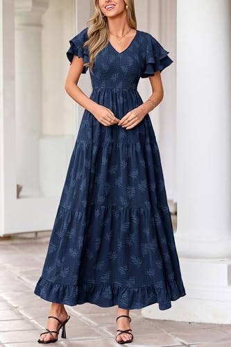 dowerme Maxi Dresses for Women 2026 Summer Ruffle Sleeve V Neck Smocked A Line Floral Boho Tiered Sundress Spring Outfit(Navy Blue,Small) — view 3