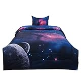 uxcell Twin 2-Piece Galaxies Fuchsia Comforter Sets - 3D Space Themed - All-Season Down Alternative Quilted Duvet - Reversible Design - Includes 1 Comforter, 1 Pillow Case