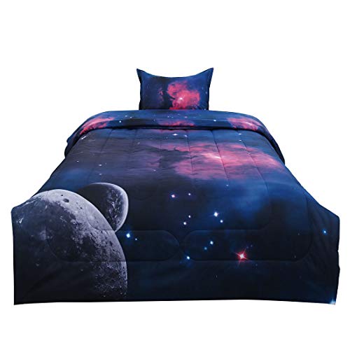 uxcell Twin Comforter Set Galaxies Fuchsia for Twin Bed-3D Outer Space Themed Bedding -3D Printing Never Fade Quilt Comforter - with 1 Matching Pillow Case
