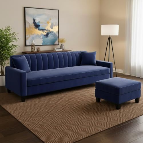 Image of Furny Aveira 4 Seater Fabric Sofa Set with Ottoman (Blue) | Soft Velvet Fabric | Modern Design | Comfortable Seating | Living Room Furniture