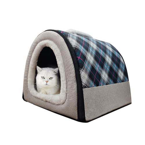 Image of Cat Bed or Dog Bed,2 Ways to Use,Indoor Pet House with Fluffy Mat,Removable and Washable Cover,Splash-Proof House and Non-Slip Bottom,for Cats and Small Dogs(S Plaid & Gray)
