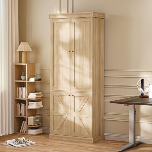 Image of Vyre 70.8 inch Tall Bookshelf with Doors, Farmhouse Modular Bookcase with 4-Tier Adjustable Shelves, Large Storage Cabinet for Home Office, Living Room, Brown