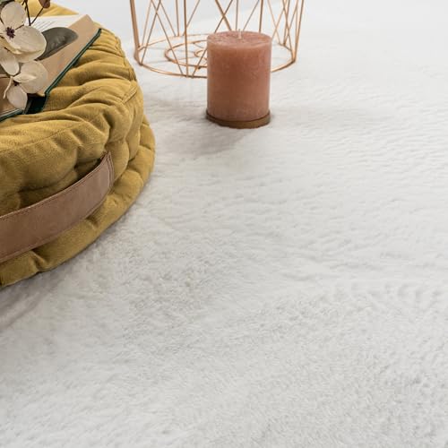Paco Home Teppich Wohnzimmer Kunstfell weich waschbar modern elegant pflegeleicht Felloptik Uni Seidenglanz flauschig Kurzflor, Grösse:80x150 cm, Farbe:Weiß