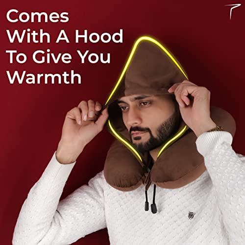 Image of Trajectory Travel Neck Pillow Rest Cushion with Hood for Comfort Sleep and Travel in Plane Flight Car Train Airplane for Orthopedic Cervical Pain (Neck Pillow with Cap Brown)