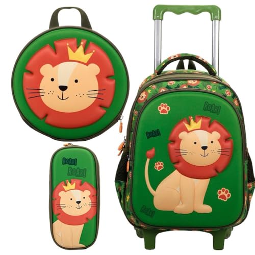 Kit Mochila Escolar Infantil Verde com Rodinhas e Estampa de Leão, Lancheira e Estojo