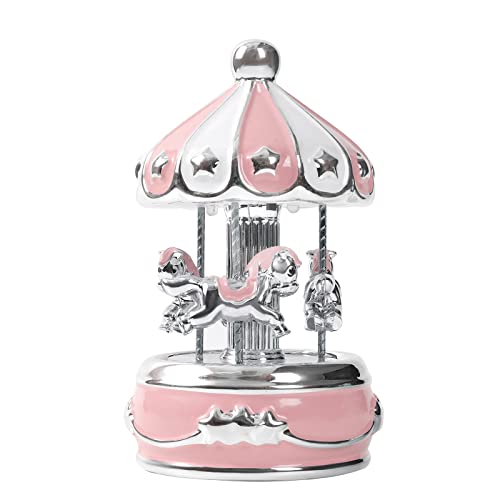FUNGOODS Music Box, Musical Carousel Twinkling LED Light Carousel Music Box, Ceramic Carousel Horse,Plays Twinkle Twinkle Little Star, Christening,Birthday, for Girls Boys Pink Star