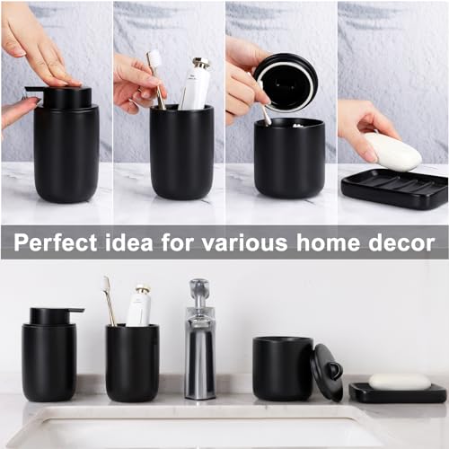 Image of BosilunLife Black Ceramic Bathroom Accessories Set of 4 | Bathroom Decor Sets Accessories Bathroom Lotion Soap Dispenser and Toothbrush Holder Set, Soap Dish, Apothecary Jars.(Liquid)