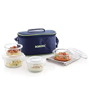 Borosil - Glass Fusion Lunch Box Set of 4, (2 pcs 240 ml + 2pcs 400 ml) Microwave Safe Office Tiffin, Blue