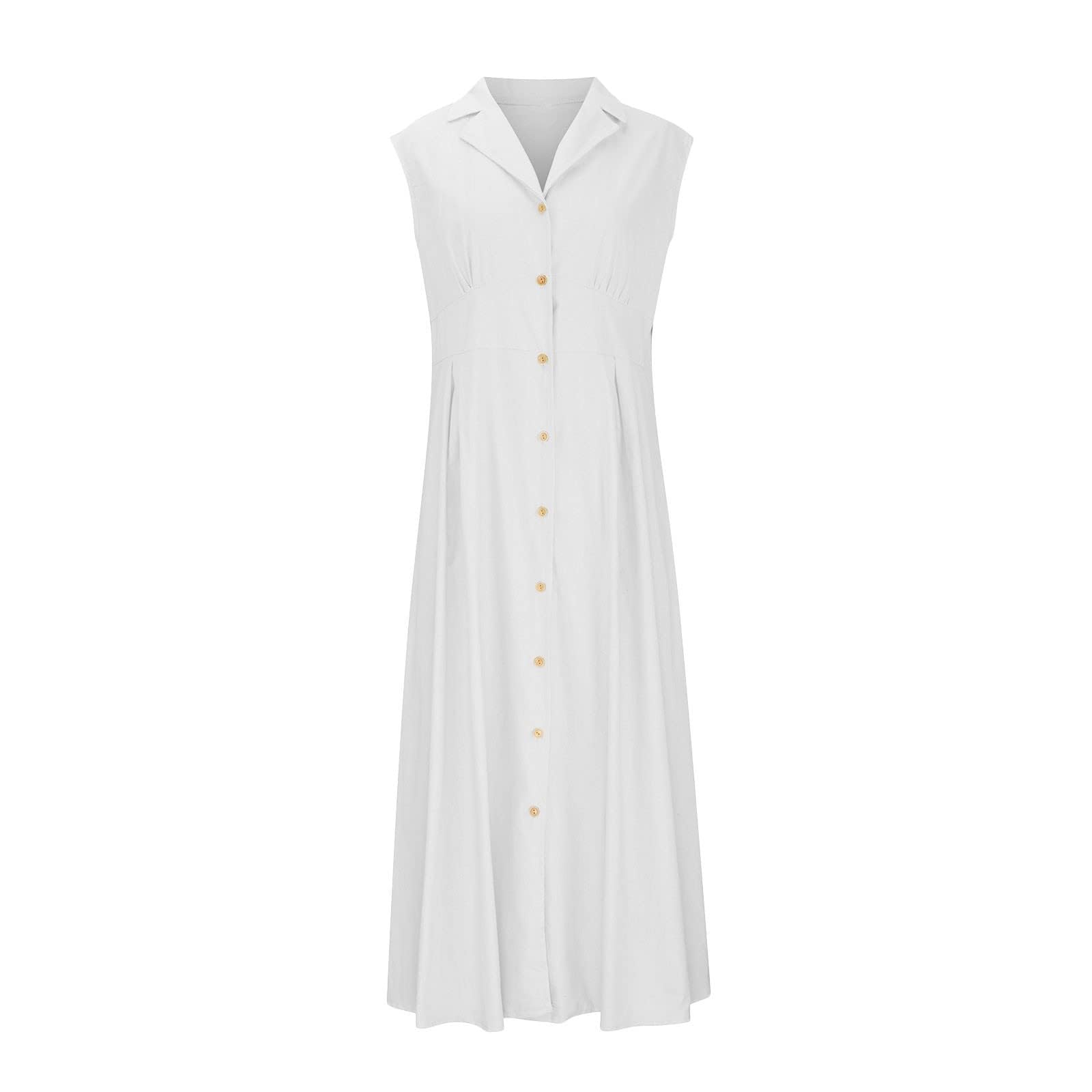 Leinenkleid Damen Sommer Lang A Linie Ärmellos Sommerkleid Damen Elegant Maxikleid V Ausschnitt Blusenkleid Mit Knopfleiste Sommerkleider Frauen Leicht Luftig Maxi Kleider Baumwolle Leinen