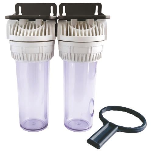 AQUAWATER - Station Double Filtre 107223 - Dimension Standard 9''3/4 - Pour Traitement d'Eau - Équerre de Fixation et Clé de Desserrage Incluses - Blanc - Ø9.75 x 25 cm - Débit Max 1.5 m3/h | Doublez votre filtration avec cette station polyvalente, compat