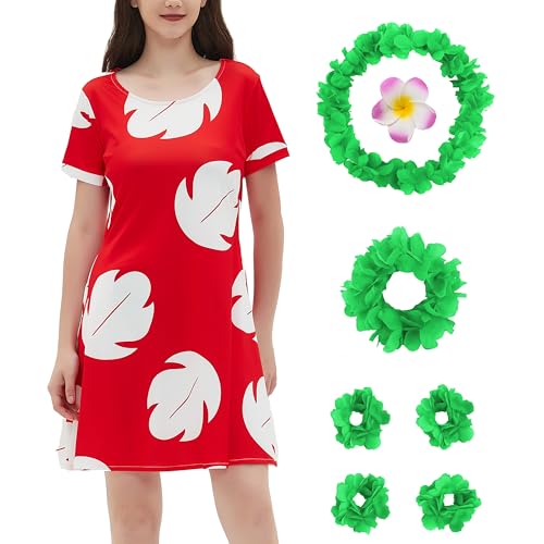 Women's Hawaiian Red Dress Halloween Costume Cosplay Leaf Summer Dress (M)