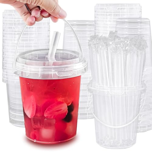 30 Sets - 34 oz Plastic Cups with Lid and Straw Disposable Coffee Cups with Lids for Iced Coffee Smoothie Milkshake Cold & Hot Drinks Sturdy/Food Safe/Reusable Clear Party Cups for Pool Beach Party