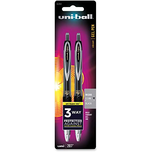 Uni-Ball Signo 207 Retractable Gel Pens, Micro Point, Black Ink, 2 Count