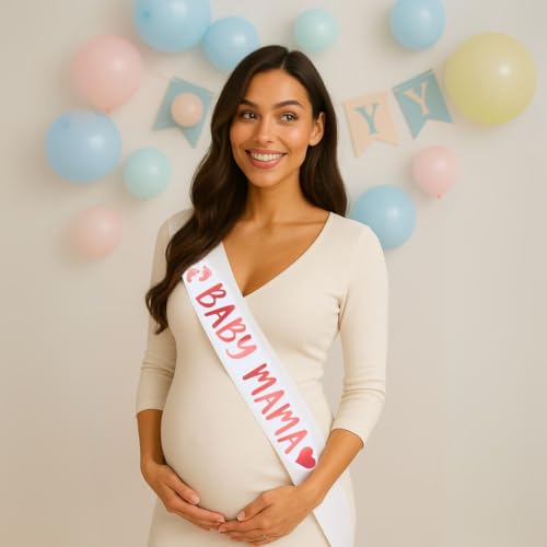 Image of Wanna Party Mom to Be Sash Baby Shower Decorations Set,Maternity Belly band, Mom to be Sash and Dad to Be Pin Badge-Party Gift for Baby Shower Gifts for Expectant Parents
