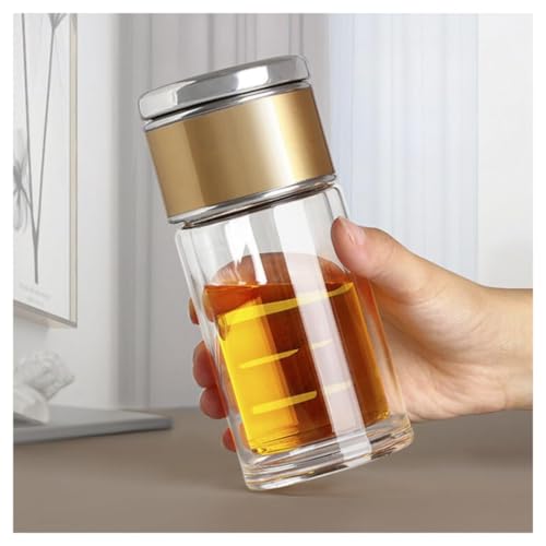 Image of Wosta Leakproof Glass Water Bottle with Stainless Steel Infuser Glass Tea Infuser Bottle with Strainer and Neoprene Sleeve for Loose Leaf Tea, Cold Brew Coffee. (P - GOLD, 300ML)