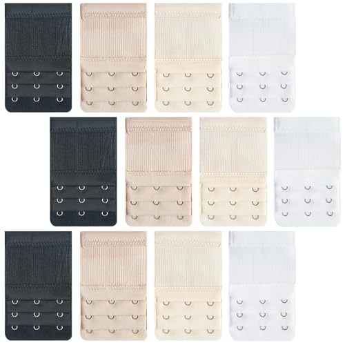 12 PCS Bra Extenders 3 Hooks, Elastic Extension Strap for Women, Comfortable and Soft Plus Size Bra Extender (Black, White, Nude, Beige)