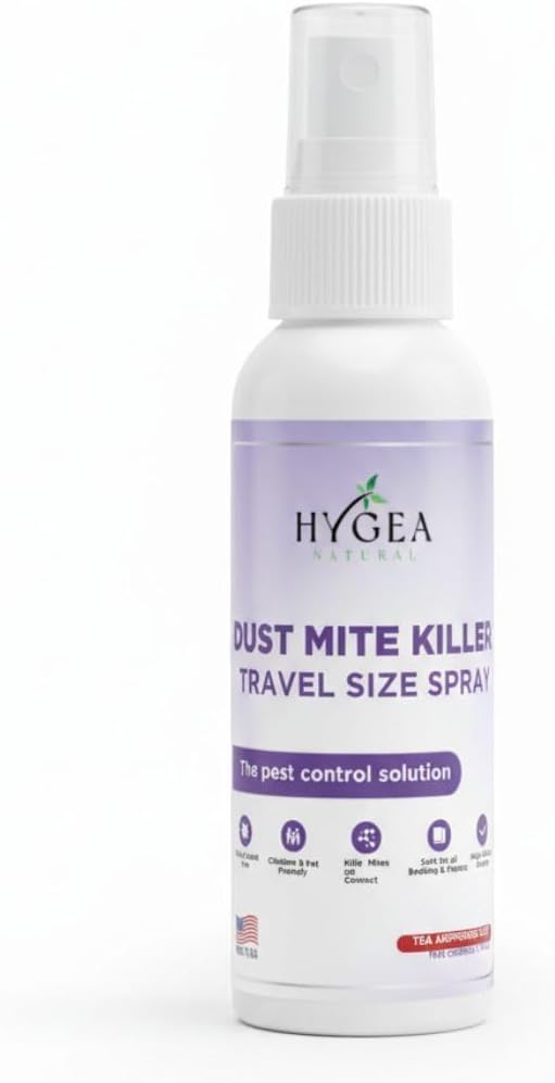 Hygea Natural Dust Mite Killer Travel Spray - Helps Eliminates Dust Mites, Carpet Mites, Rodent Mites, Bird & Mites - TSA Approved - Pet & Child Friendly - 3oz (Unscented)