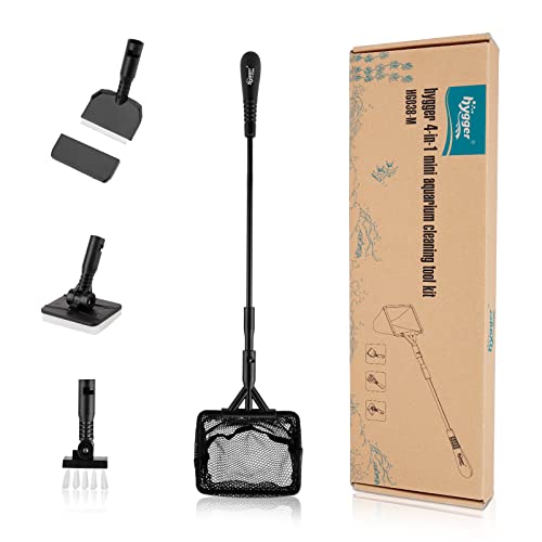 Hygger 4 en 1 Limpieza de Acuario, Kit de Herramientas Limpieza de Acuarios, Mini Limpieza Tanque de Pescado Acuario Set con Mango, Raspador, Red de Pesca, Cepillo de Esponja, Cepillo de Pared (M) Cover